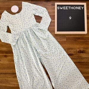 NWT SweetHoney Baby Blue Leggy Romper 9 Floral Knit Long Sleeve Pants Cotton